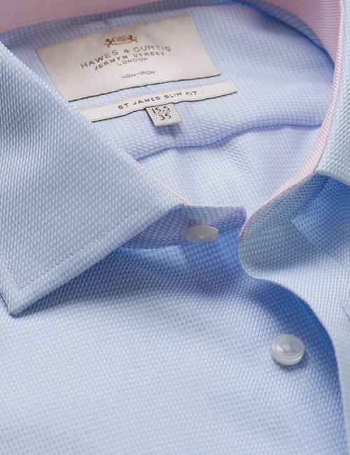 Non-Iron Blue & White Textured Weave Slim Fit Shirt - Contrast Detail