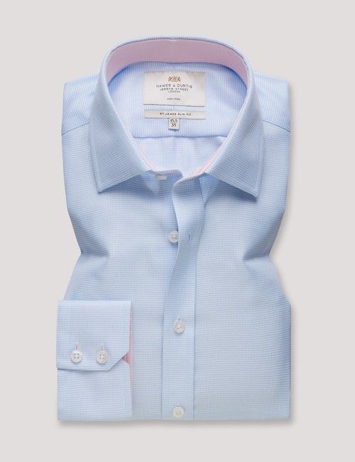 Non-Iron Blue & White Textured Weave Slim Fit Shirt - Contrast Detail-preview