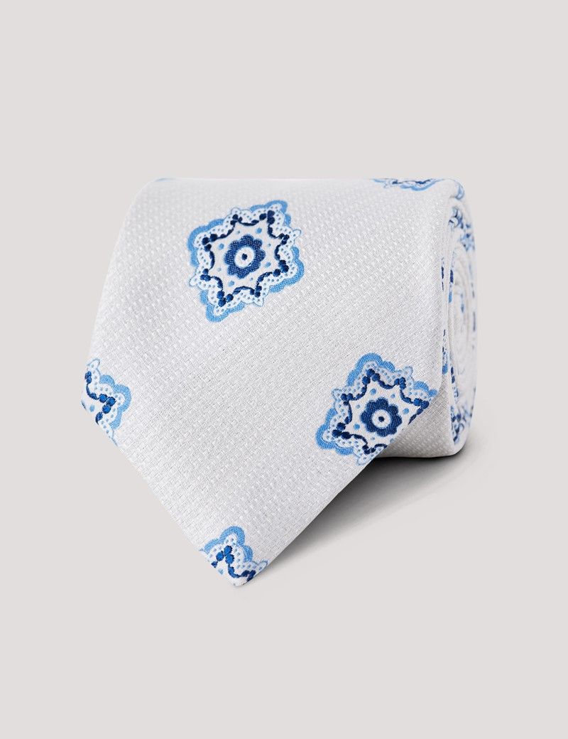 Ivory Textured Medallion Geo Italian Silk Blend Tie - 1913 Collection