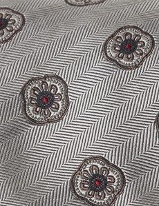 Silver Herringbone Medallion Geo Italian Silk Tie - 1913 Collection-preview1