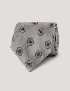 Silver Herringbone Medallion Geo Italian Silk Tie - 1913 Collection