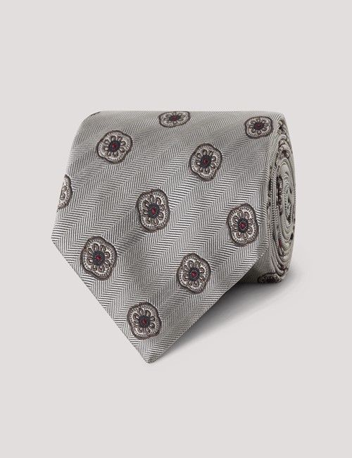 Silver Herringbone Medallion Geo Italian Silk Tie - 1913 Collection
