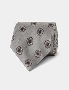 Silver Herringbone Medallion Geo Italian Silk Tie - 1913 Collection