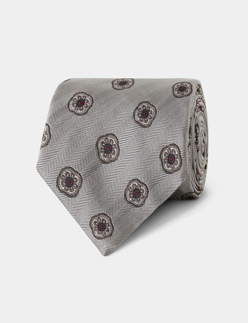 Silver Herringbone Medallion Geo Italian Silk Tie - 1913 Collection