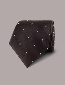 Chocolate Brown & White Spot Tie - 100% Silk