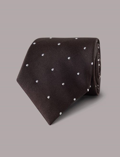 Chocolate Brown & White Spot Tie - 100% Silk