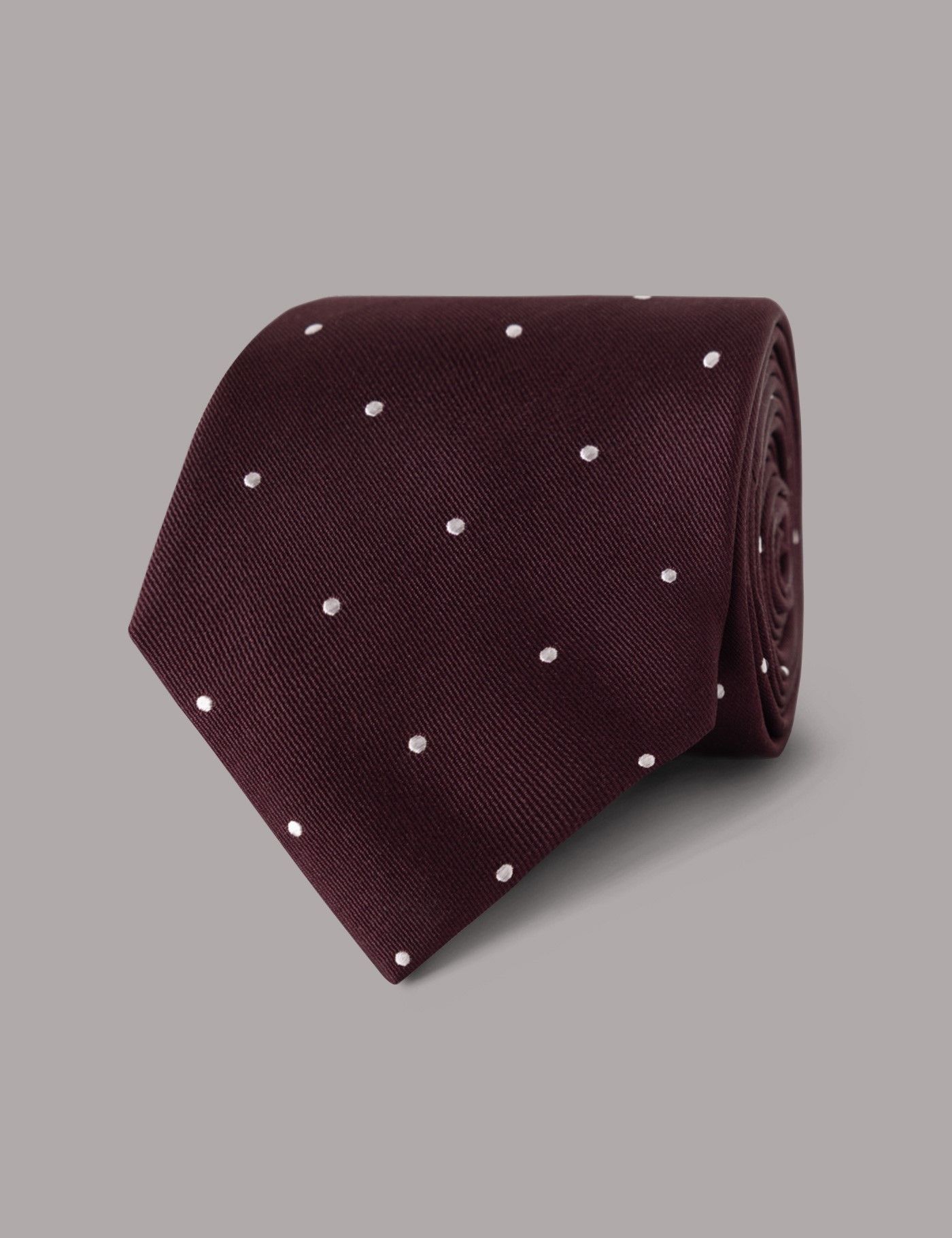 Burgundy & White Spot Tie - 100% Silk