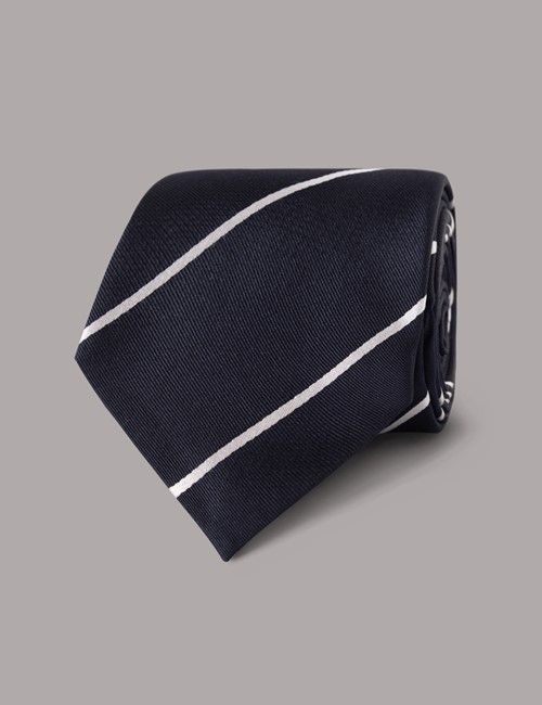 Navy & White Stripe Repp Tie - 100% Silk