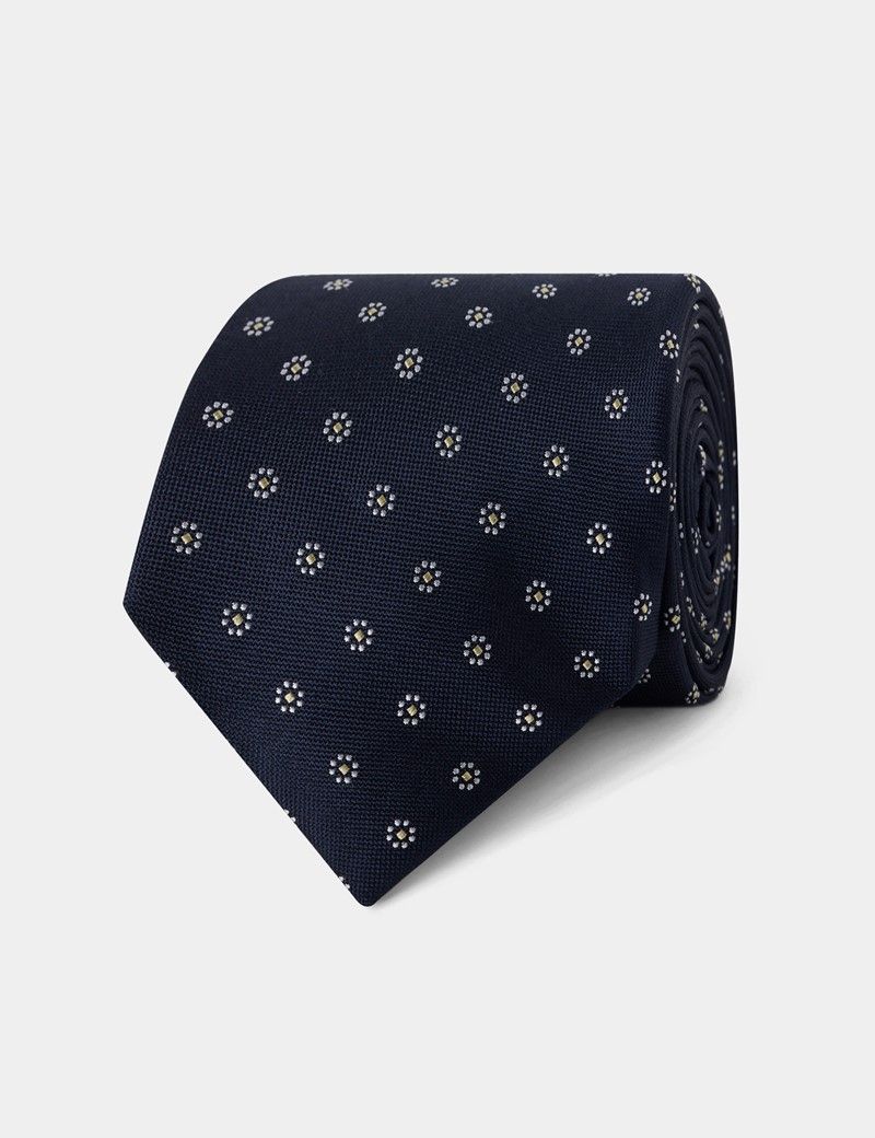Navy & Yellow Floral Geo Tie - 100% Silk