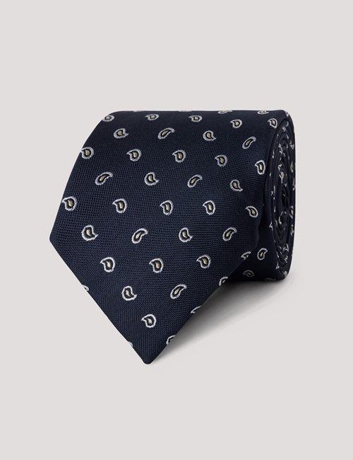 Navy & Yellow Micro Paisley Tie - 100% Silk