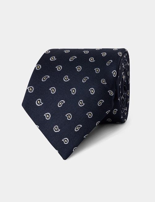 Navy & Yellow Micro Paisley Tie - 100% Silk