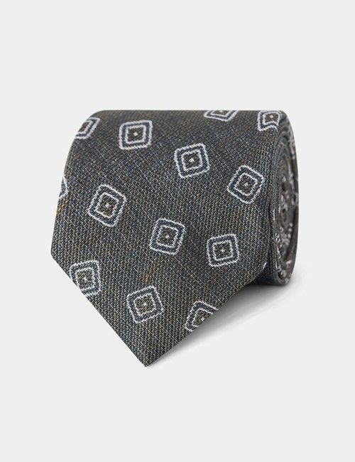 Olive Green Square Geo Italian Cotton Blend Tie - 1913 Collection