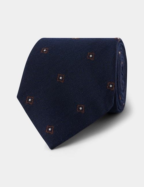 Navy Jacquard Floral Italian Cotton Blend Tie - 1913 Collection 