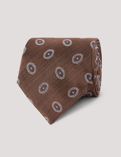 Coffee Herringbone Oval Geo Italian Silk Tie - 1913 Collection