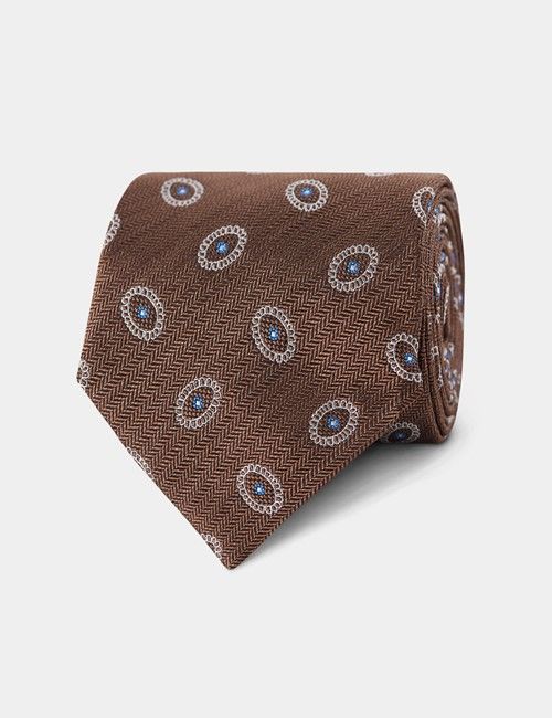 Coffee Herringbone Oval Geo Italian Silk Tie - 1913 Collection