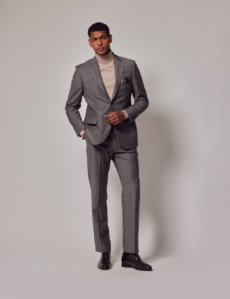 Men's Grey Prince Of Wales Check Tailored Fit Flannel Suit Trousers ...