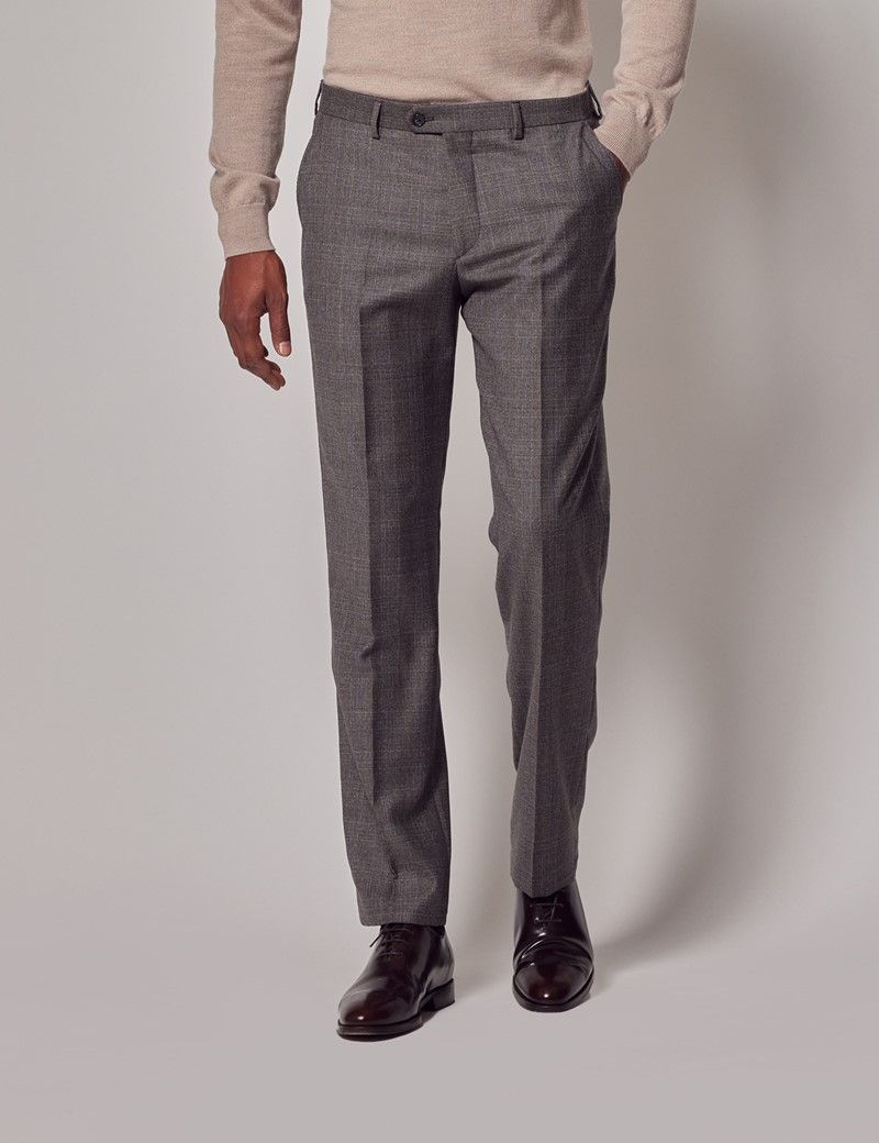 Men's Grey Prince Of Wales Check Tailored Fit Flannel Suit Trousers ...