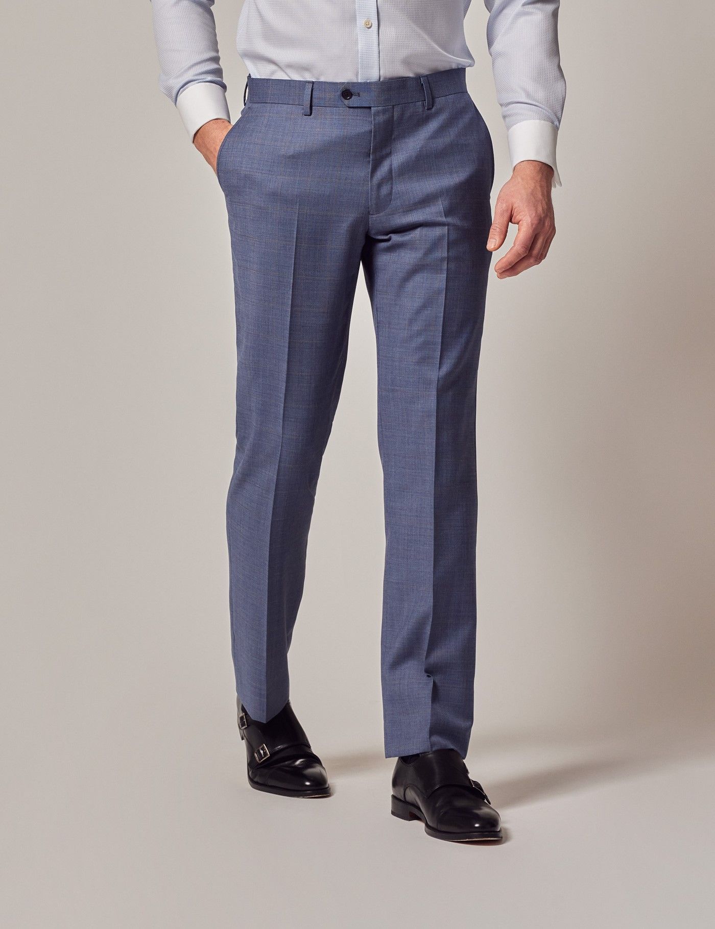 Blue & Brown Tonal Plaid Wool Slim Fit Pants-preview