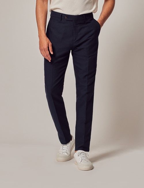 Navy Italian Cotton Linen Slim Hemmed Trousers - 1913 Collection