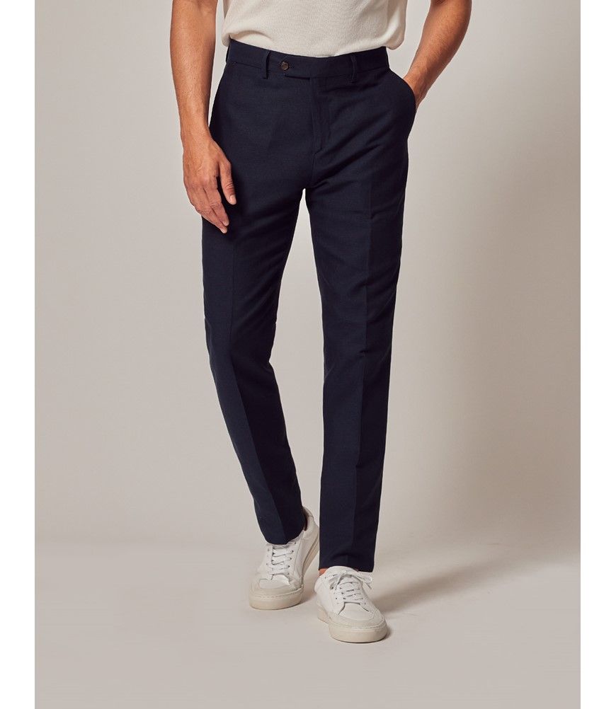 Navy Italian Cotton Linen Slim Hemmed Trousers - 1913 Collection