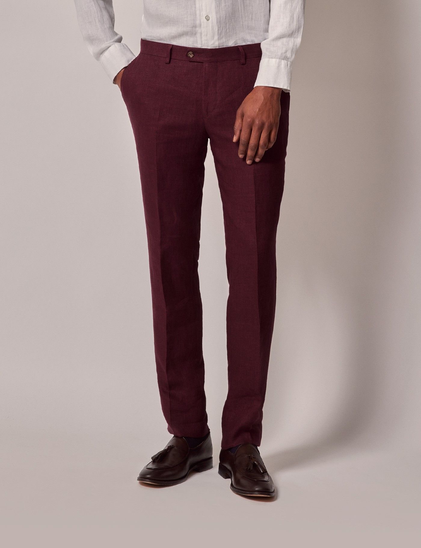 Men s Burgundy Herringbone Linen Italian Slim Suit Pants 1913 Collection Hawes Curtis