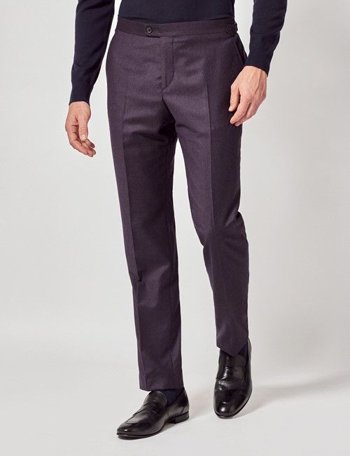 Dark Purple Slim Flannel Suit Pants With Side Adjusters - 1913 Collection