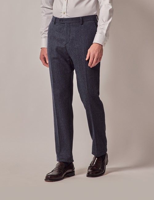 Blue Merino Herringbone Tweed Slim Suit Pants - 1913 Collection