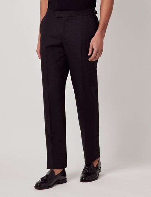 Black Italian Linen Tailored Fit Suit Trousers With Side Adjusters - 1913 Collection