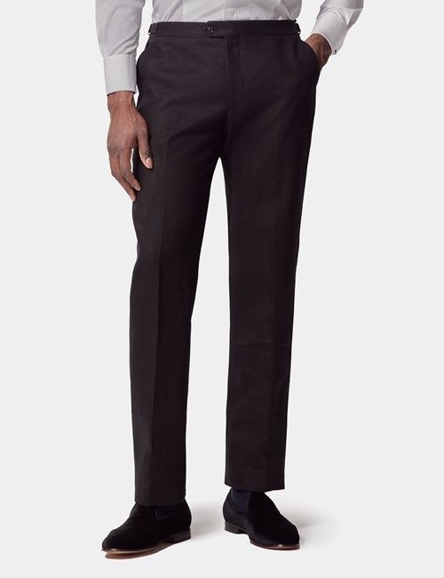 Black Italian Linen Tailored Fit Suit Pants With Side Adjusters - 1913 Collection