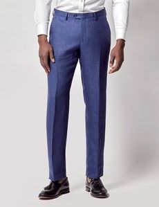 Royal Blue Semi Plain Italian Linen Tailored Fit Suit Pants - 1913 Collection