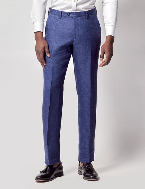 Royal Blue Semi Plain Italian Linen Tailored Fit Suit Trousers - 1913 Collection