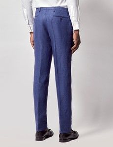 Royal Blue Semi Plain Italian Linen Tailored Fit Suit Pants - 1913 Collection-preview2