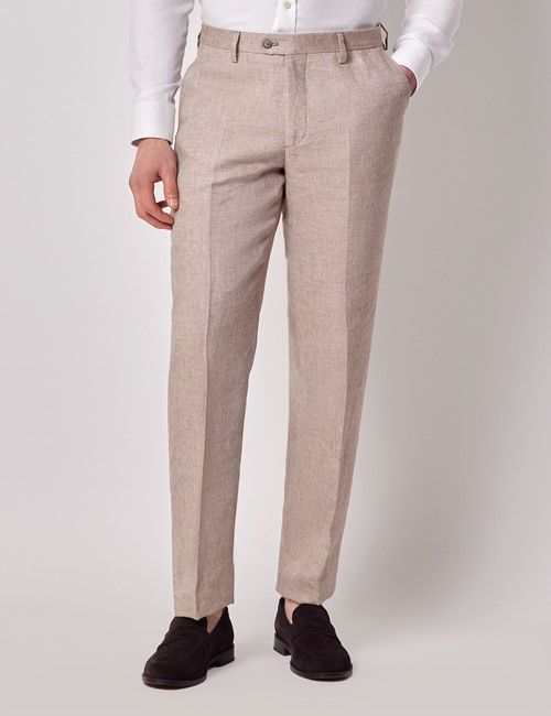 Natural Semi Plain Italian Linen Tailored Fit Suit Trousers - 1913 Collection