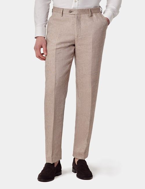 Natural Semi Plain Italian Linen Tailored Fit Suit Trousers - 1913 Collection