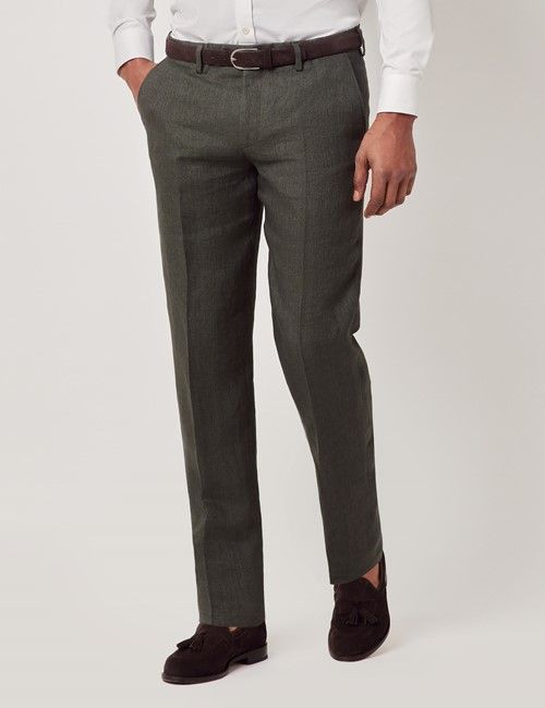 Dark Green Semi Plain Italian Linen Tailored Fit Suit Pants - 1913 Collection