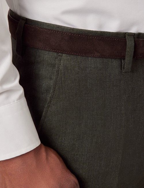 Dark Green Semi Plain Italian Linen Tailored Fit Suit Pants - 1913 Collection-preview