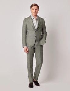 Sage Green Herringbone Italian Linen Slim Fit Suit Pants With Side Adjusters - 1913 Collection-preview3