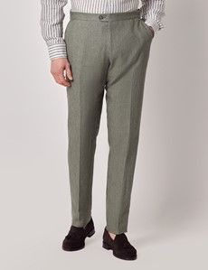Sage Green Herringbone Italian Linen Slim Fit Suit Pants With Side Adjusters - 1913 Collection