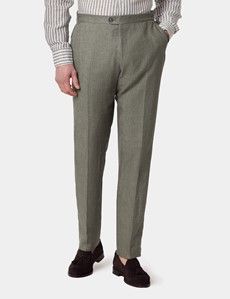 Sage Green Herringbone Italian Linen Slim Fit Suit Pants With Side Adjusters - 1913 Collection