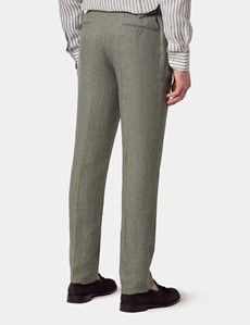 Sage Green Herringbone Italian Linen Slim Fit Suit Pants With Side Adjusters - 1913 Collection-preview2