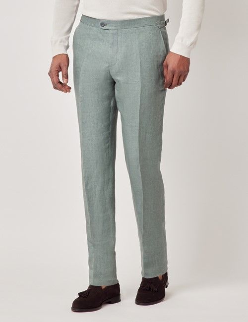 Sea Green Italian Linen Slim Fit Suit Pants With Side Adjusters - 1913 Collection