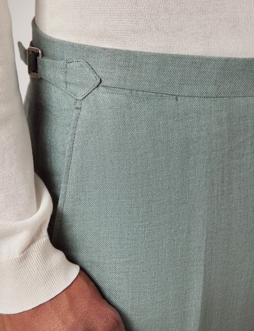 Sea Green Italian Linen Slim Fit Suit Pants With Side Adjusters - 1913 Collection-preview