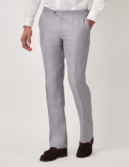 Mid Grey Twill Italian Linen Slim Fit Suit Pants With Side Adjusters - 1913 Collection
