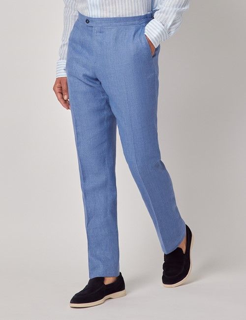 Denim Blue Twill Linen Slim Suit Trousers With Side Adjusters - 1913 Collection