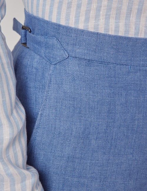 Denim Blue Twill Linen Slim Suit Trousers With Side Adjusters - 1913 Collection-preview