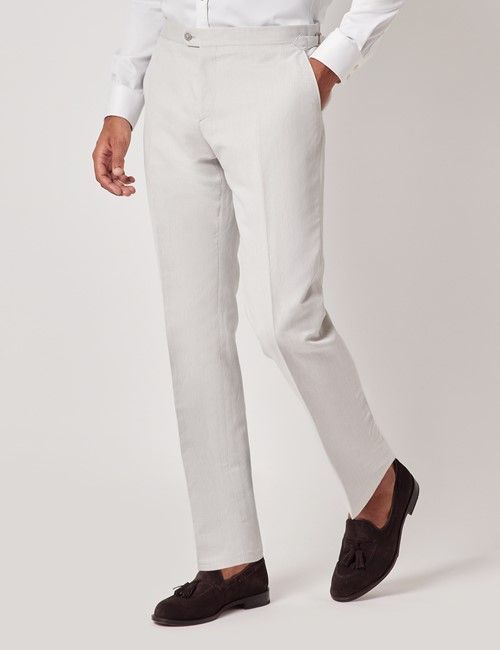 Pale Grey Italian Linen-Cotton Slim Fit Suit Trousers With Side Adjusters - 1913 Collection