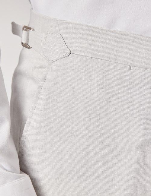 Pale Grey Italian Linen-Cotton Slim Fit Suit Trousers With Side Adjusters - 1913 Collection-preview