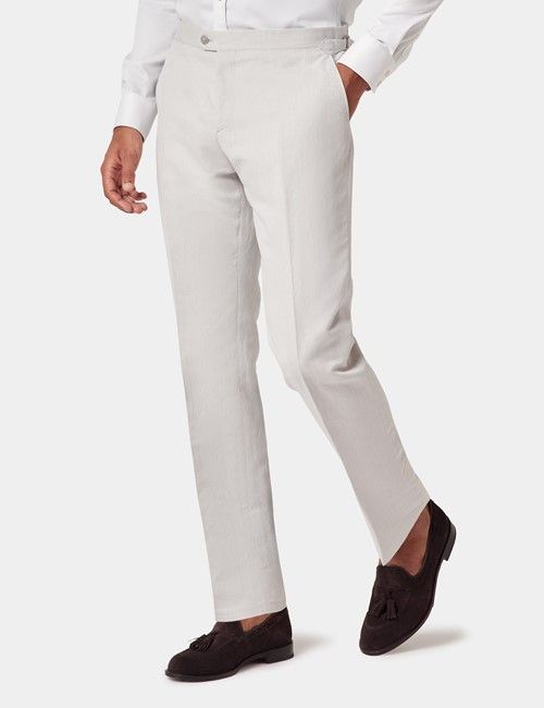 Pale Grey Italian Linen-Cotton Slim Fit Suit Trousers With Side Adjusters - 1913 Collection