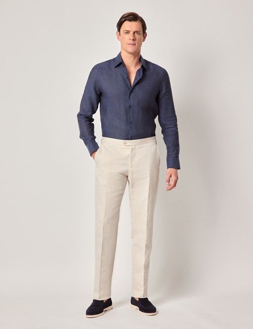 Beige Italian Linen-Cotton Slim Fit Suit Trousers With Side Adjusters - 1913 Collection