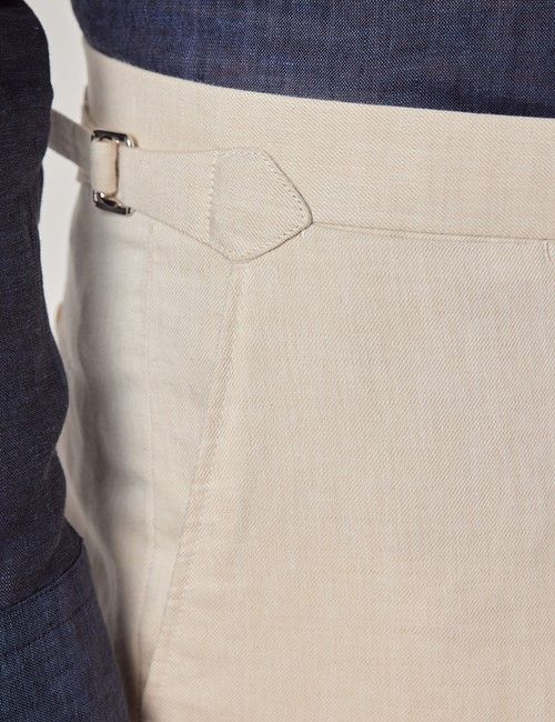 Beige Italian Linen-Cotton Slim Fit Suit Trousers With Side Adjusters - 1913 Collection-preview